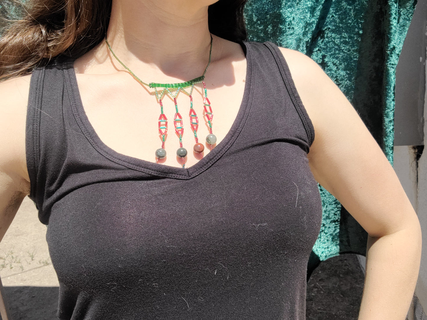 African Bloodstone Chandelier Fringe Necklace