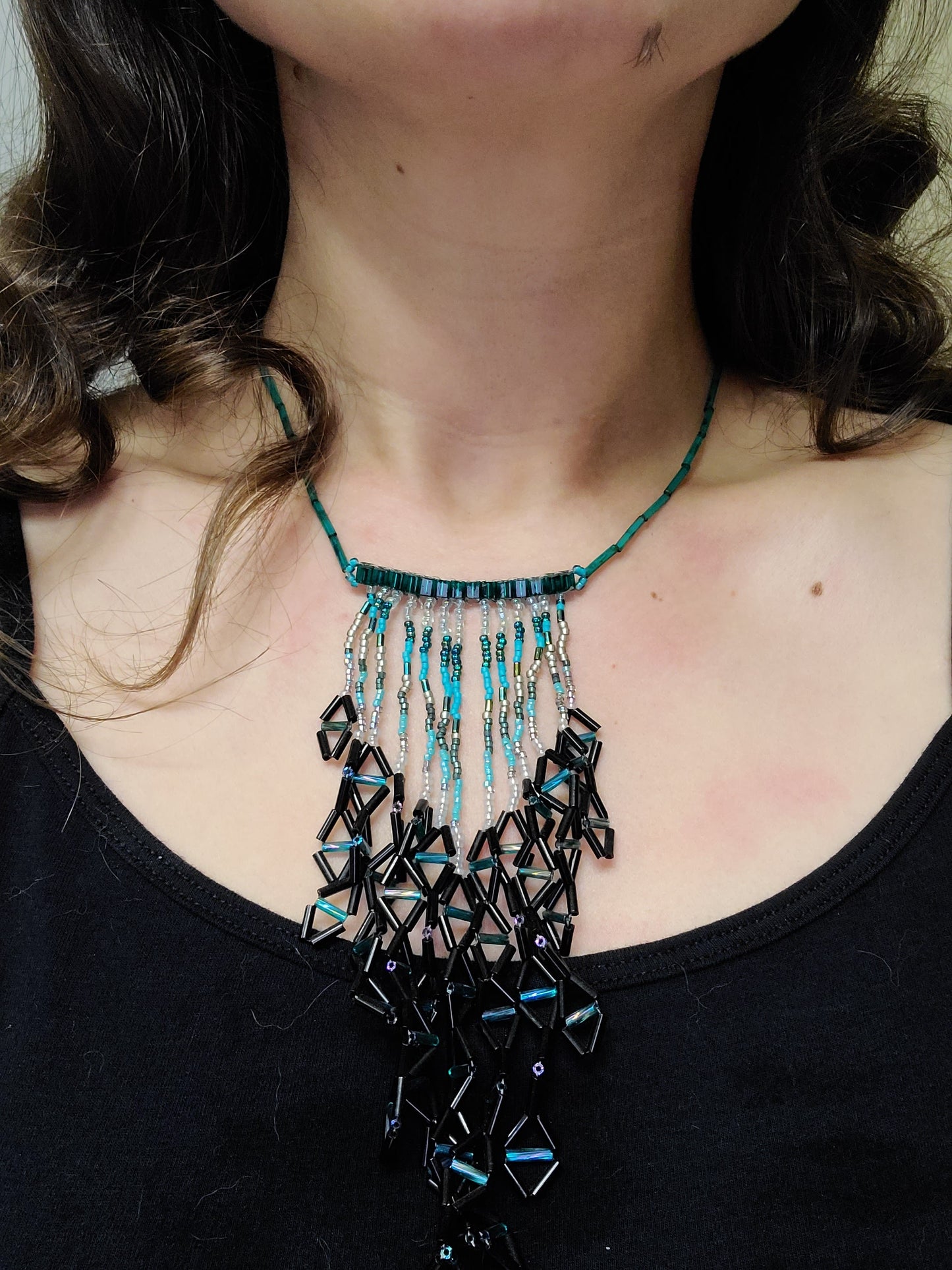 Aqua and Black Triangle Waterfall Necklace