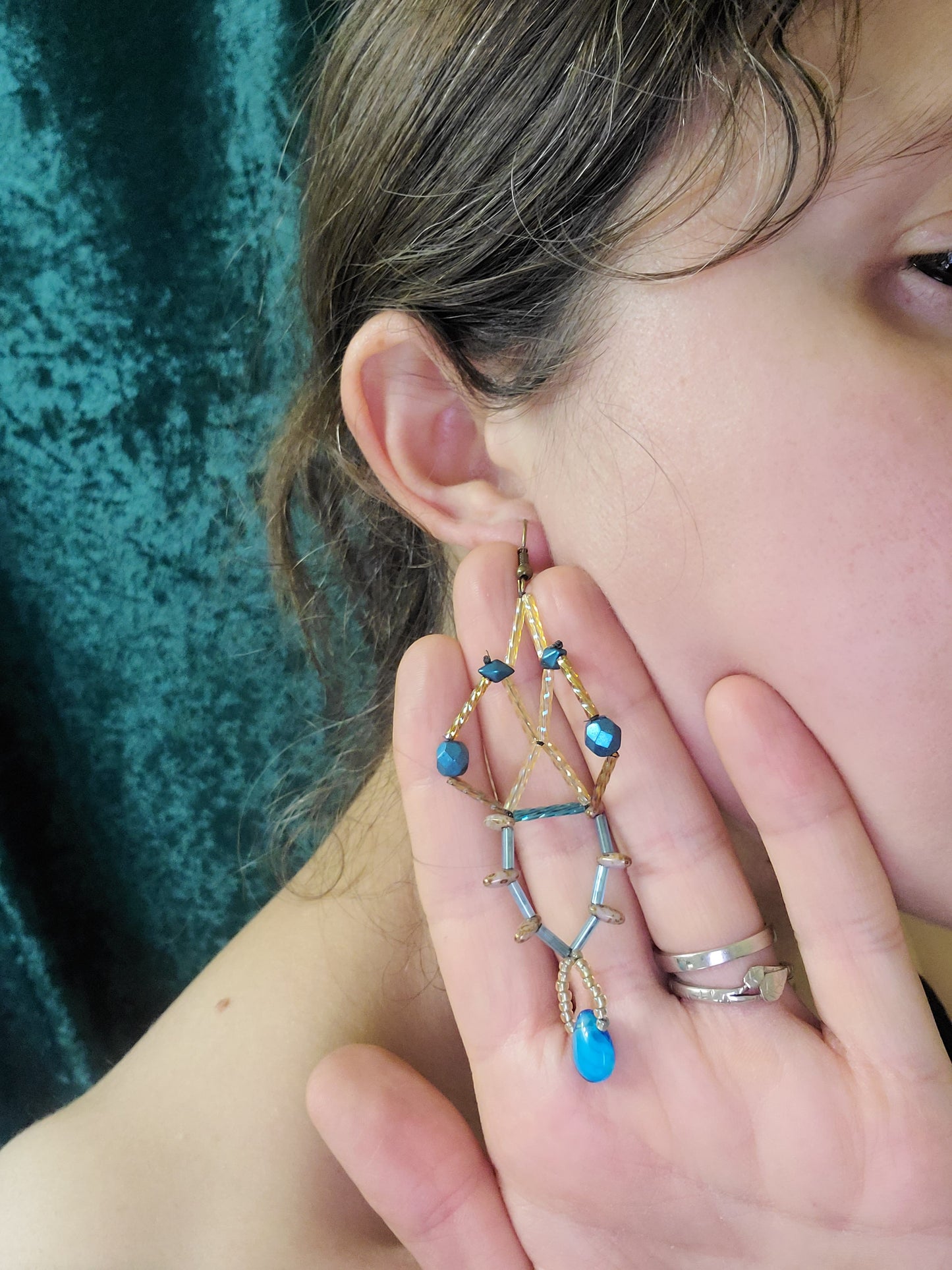 Aqua and Tan Diamond Lattice Earrings