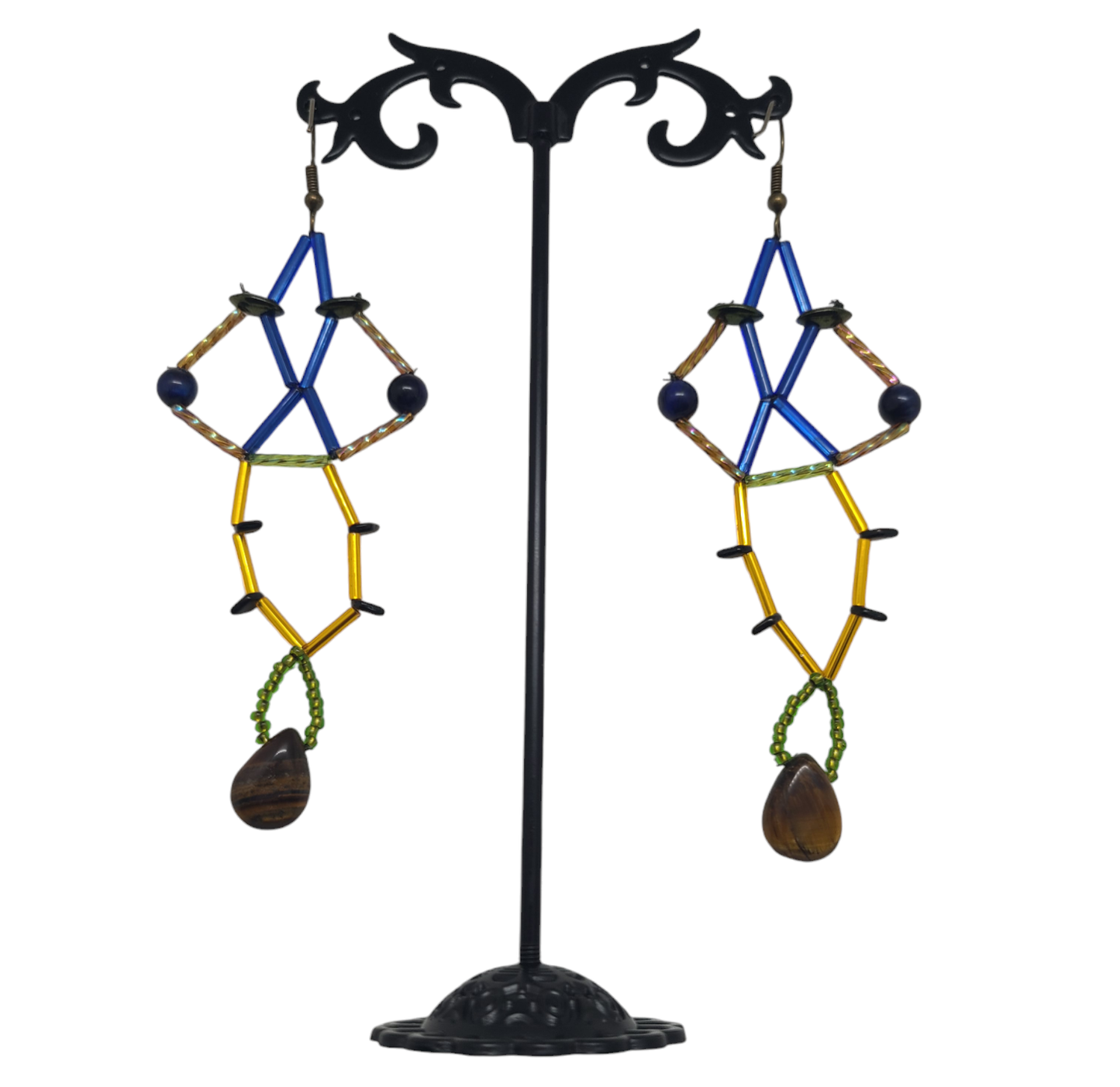 Sapphire Blue and Tiger Eye Diamond Lattice Earrings
