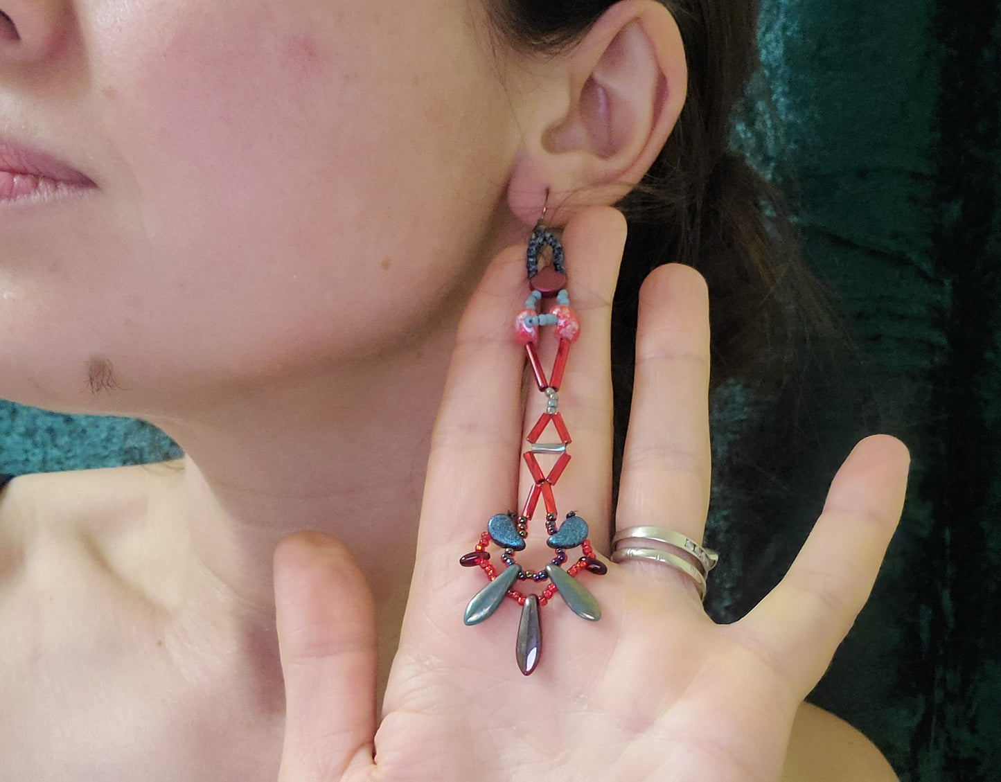 Red and Teal Geometric Sway Earrings