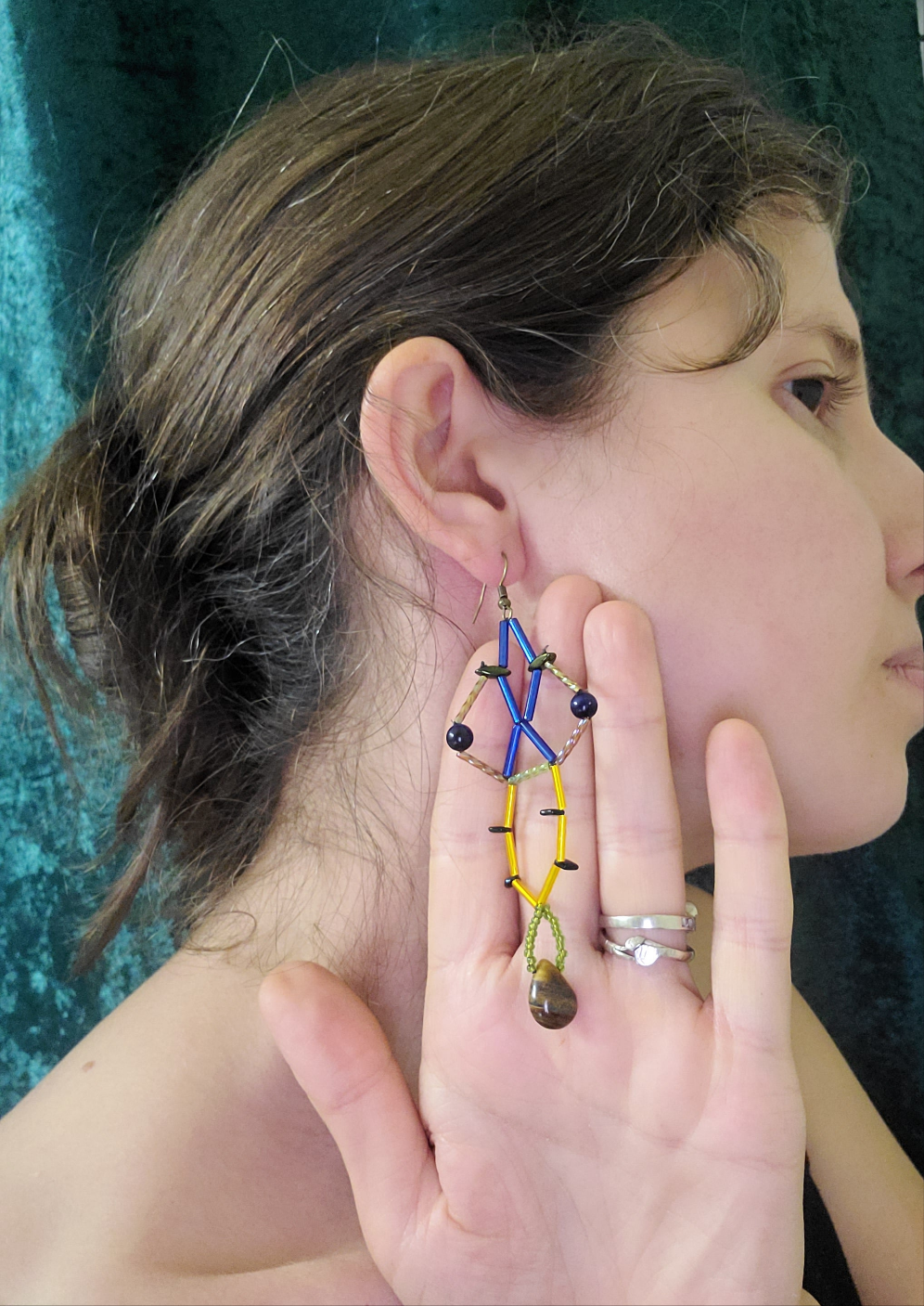 Sapphire Blue and Tiger Eye Diamond Lattice Earrings