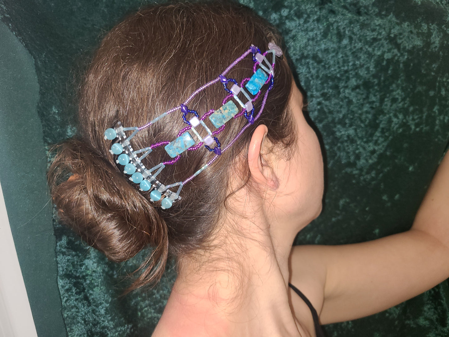 Teal Crazy Lace Agate Diadem Weave Hair Jewelry