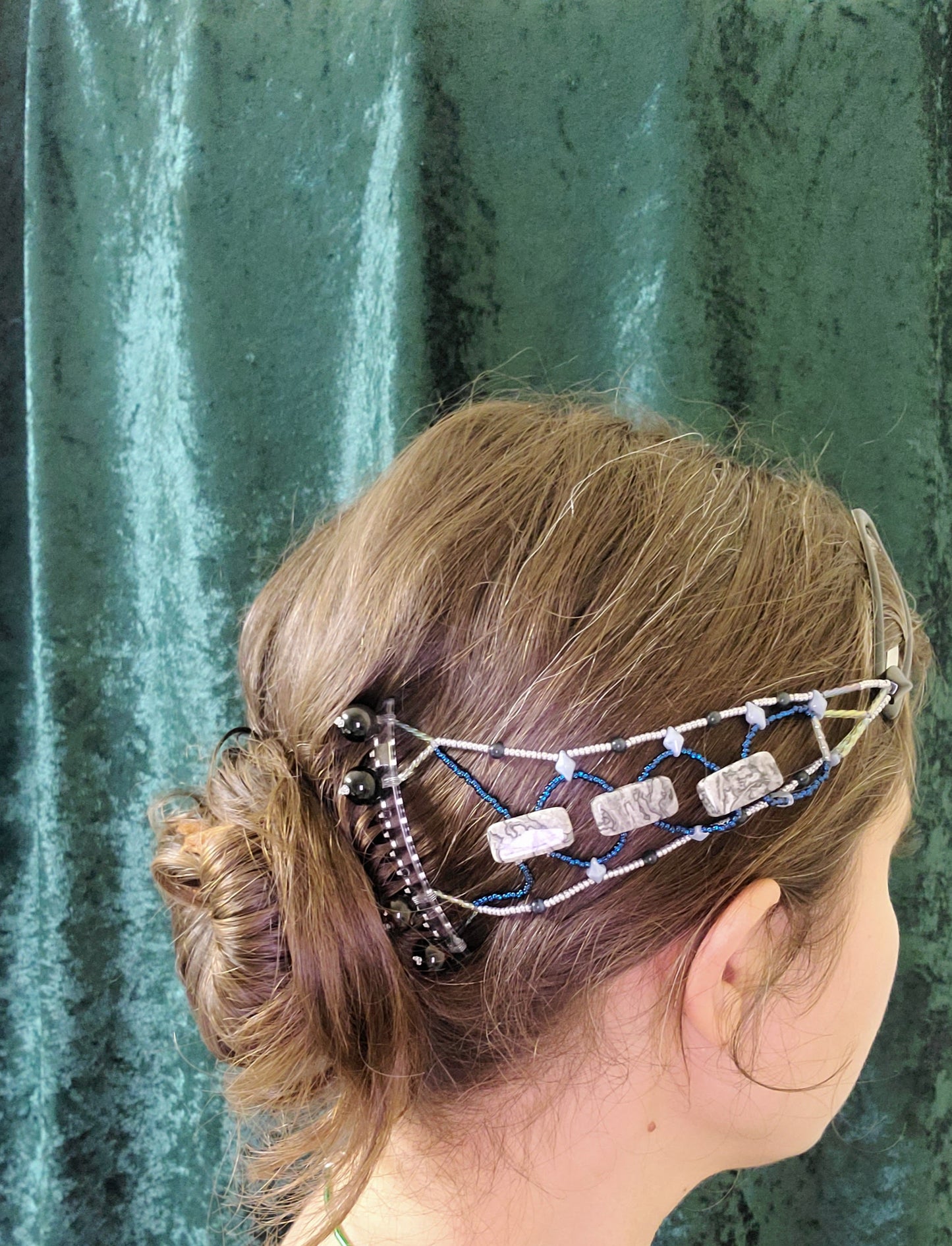 Silver Crazy Lace Agate Chevron Braid Hair Jewelry