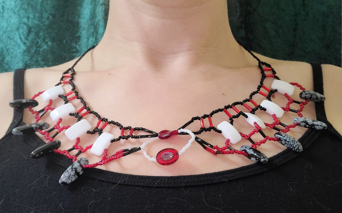 Red and Black Snowflake Obsidian Burnished Collar Necklace