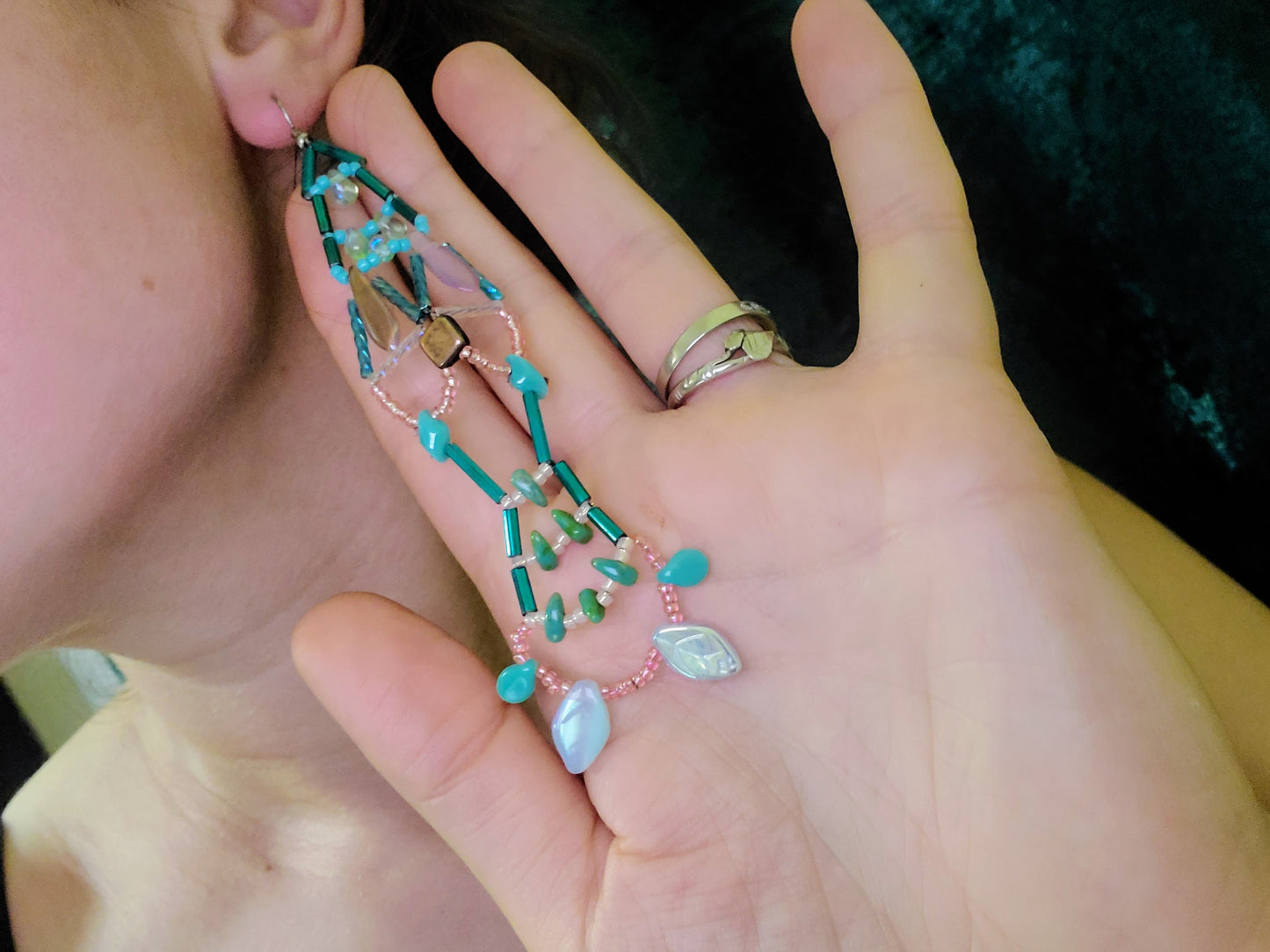 Teal and Peach Sunburst Chandelier Earrings