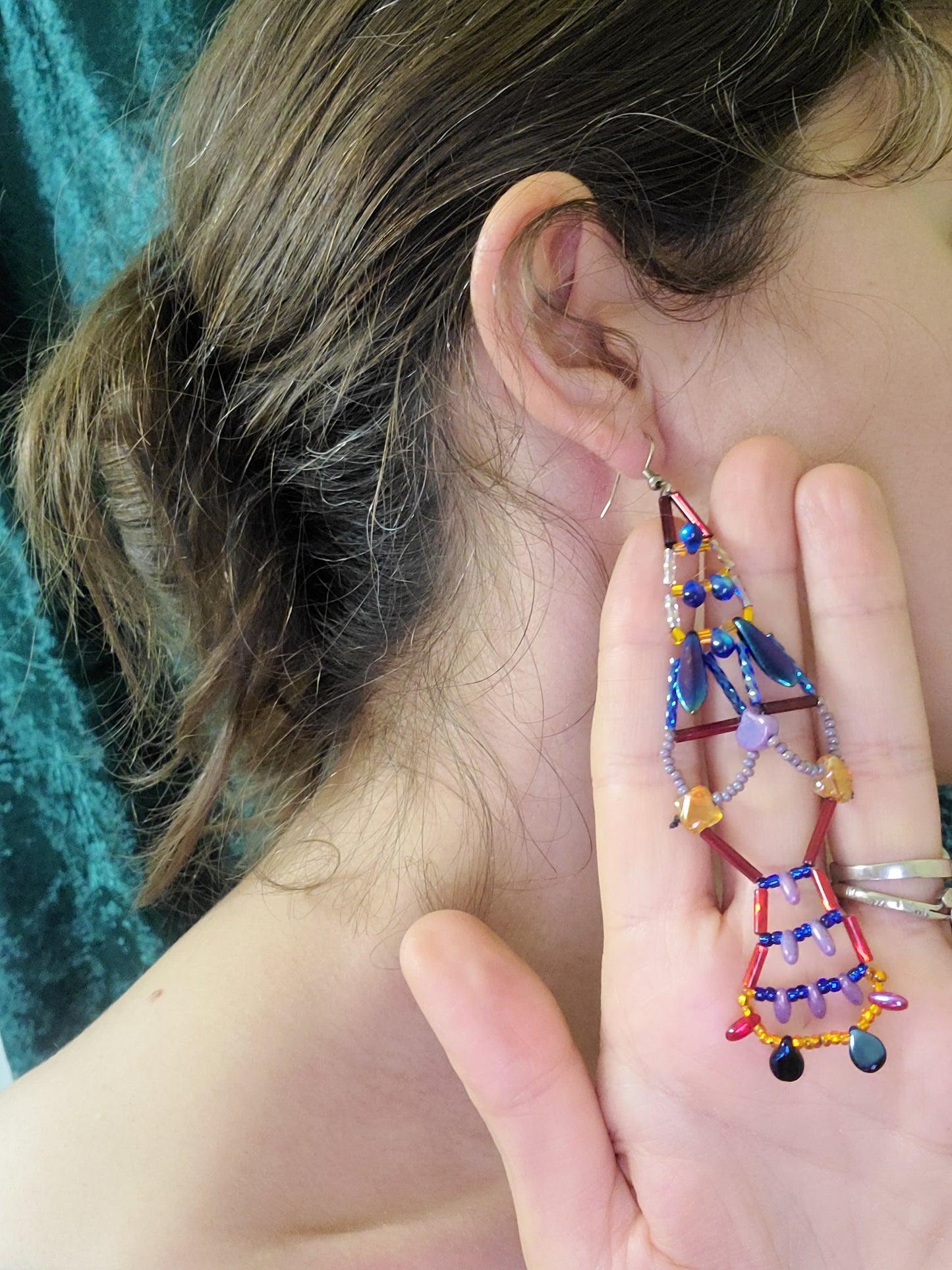 Red, Orange and Cobalt Sunburst Chandelier Earrings