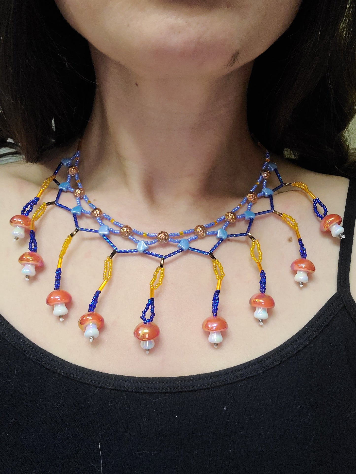 Sunset Mushroom Beaded Cascade Necklace