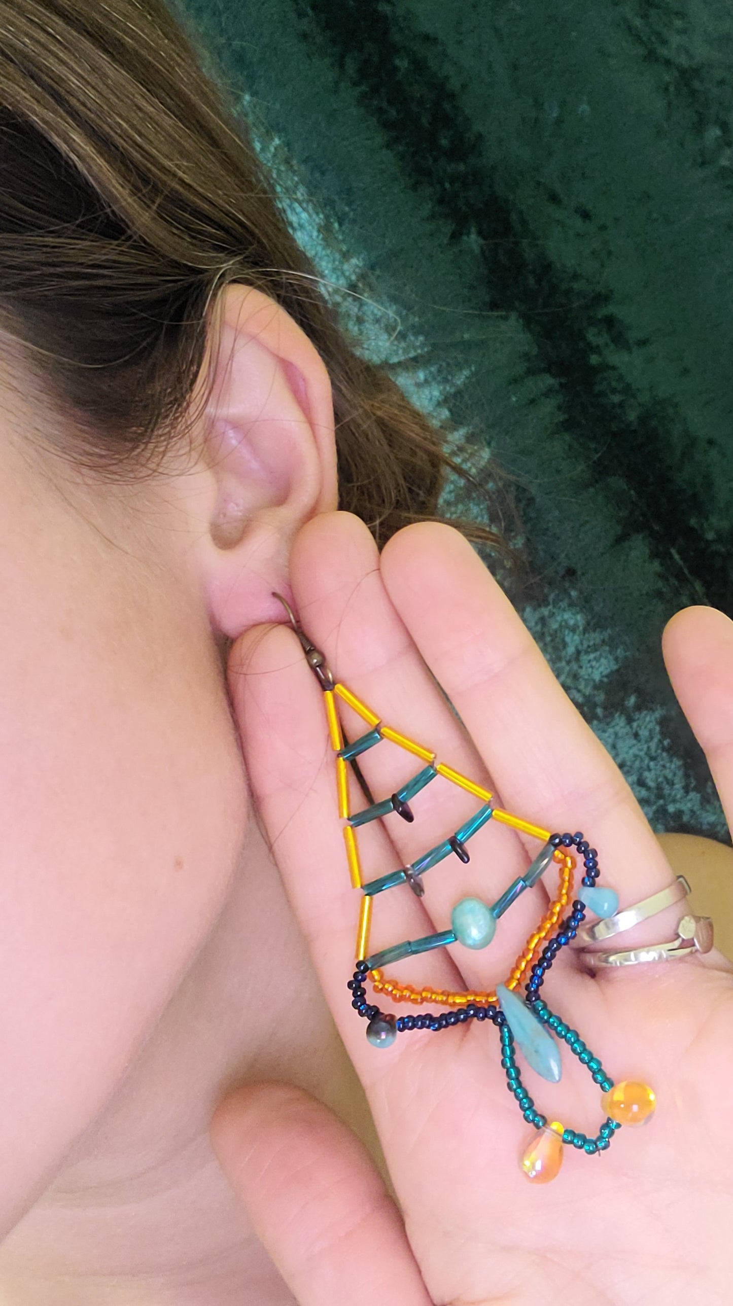 Gold and Teal Trellis Chandelier Earrings