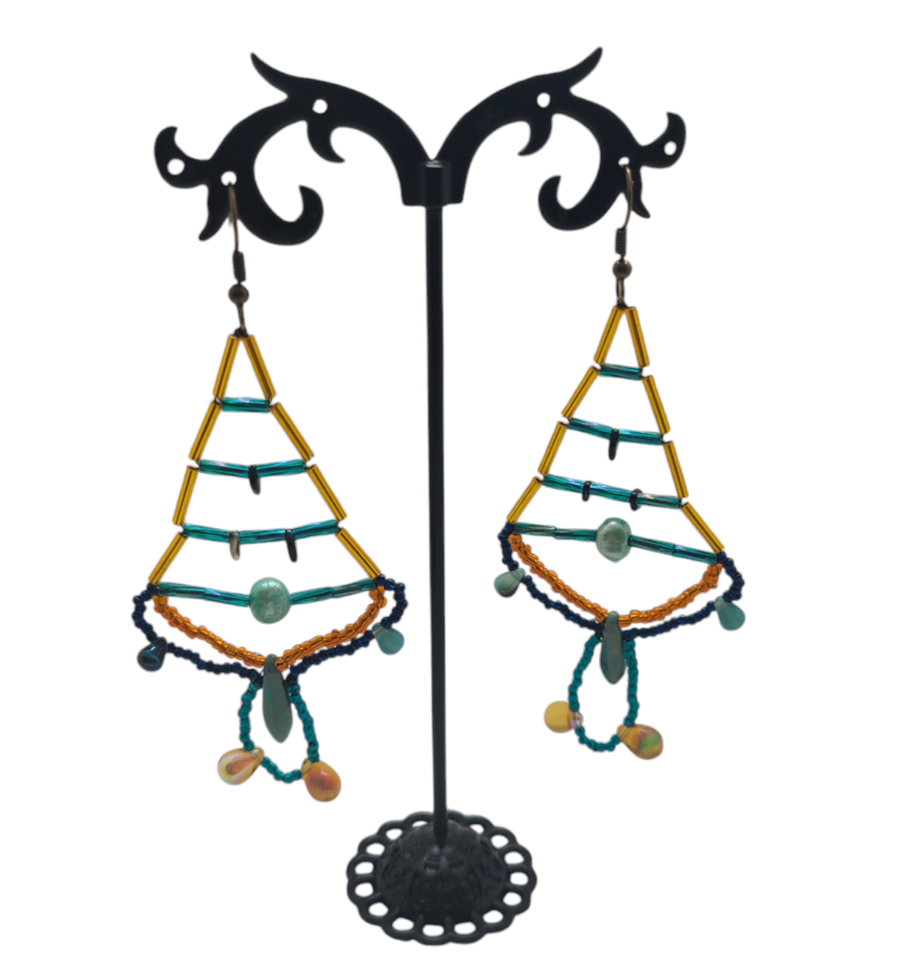 Gold and Teal Trellis Chandelier Earrings