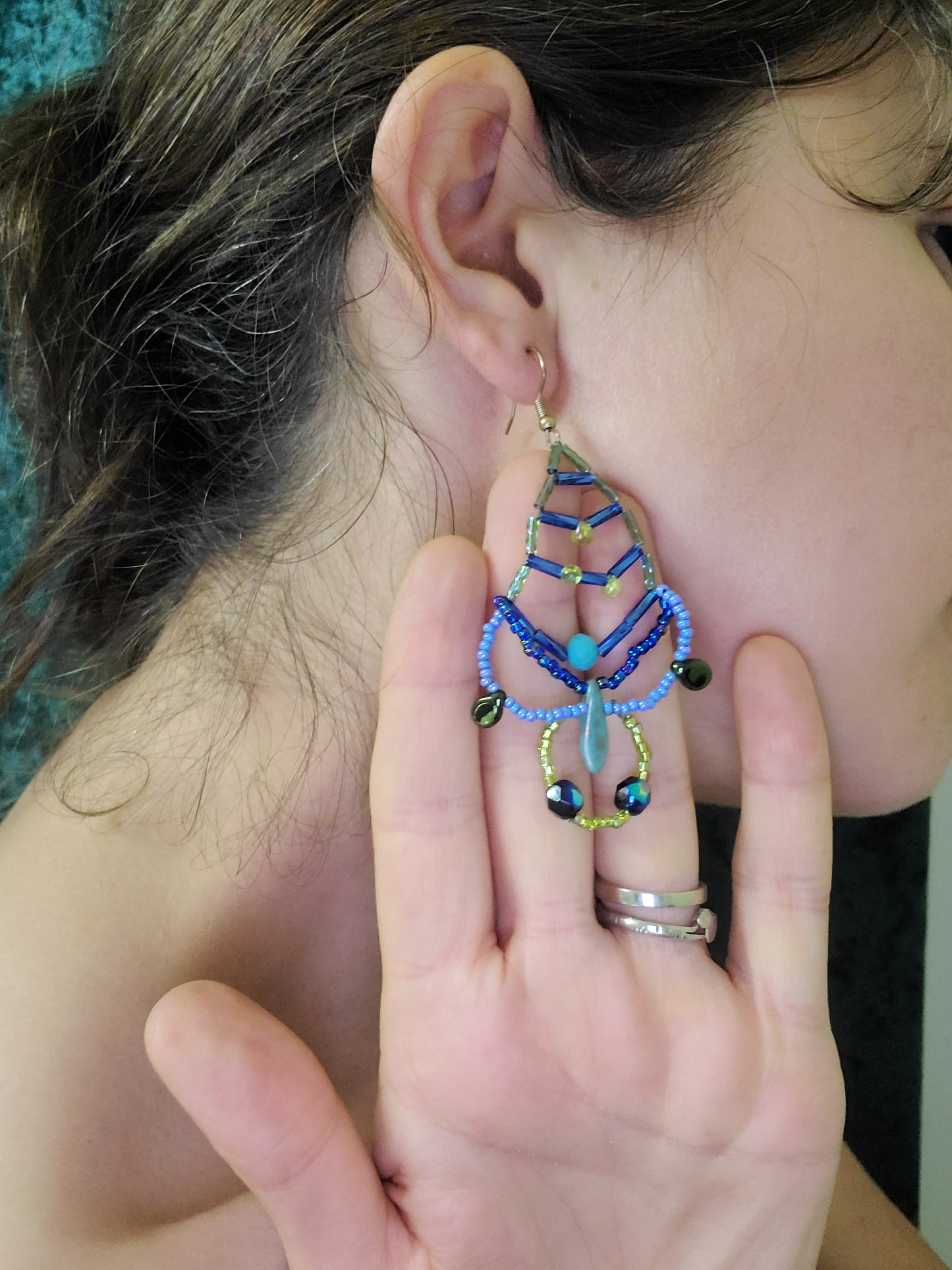 Blue and Olive Trellis Chandelier Earrings