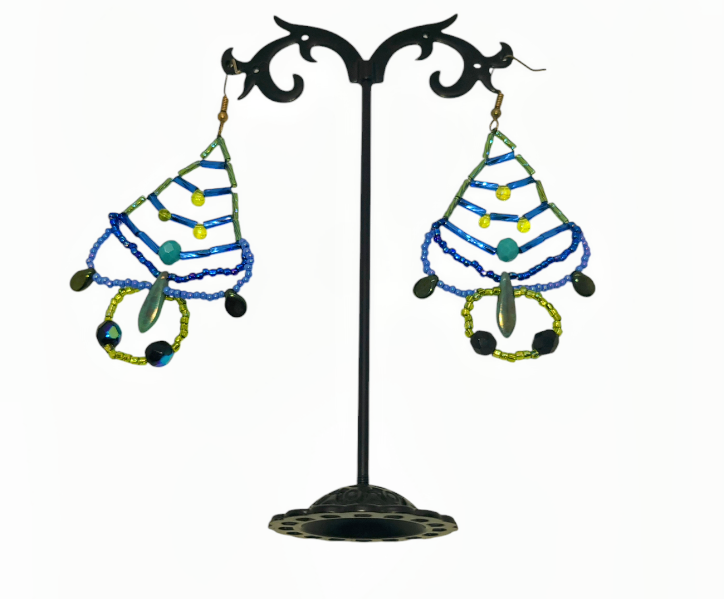 Blue and Olive Trellis Chandelier Earrings