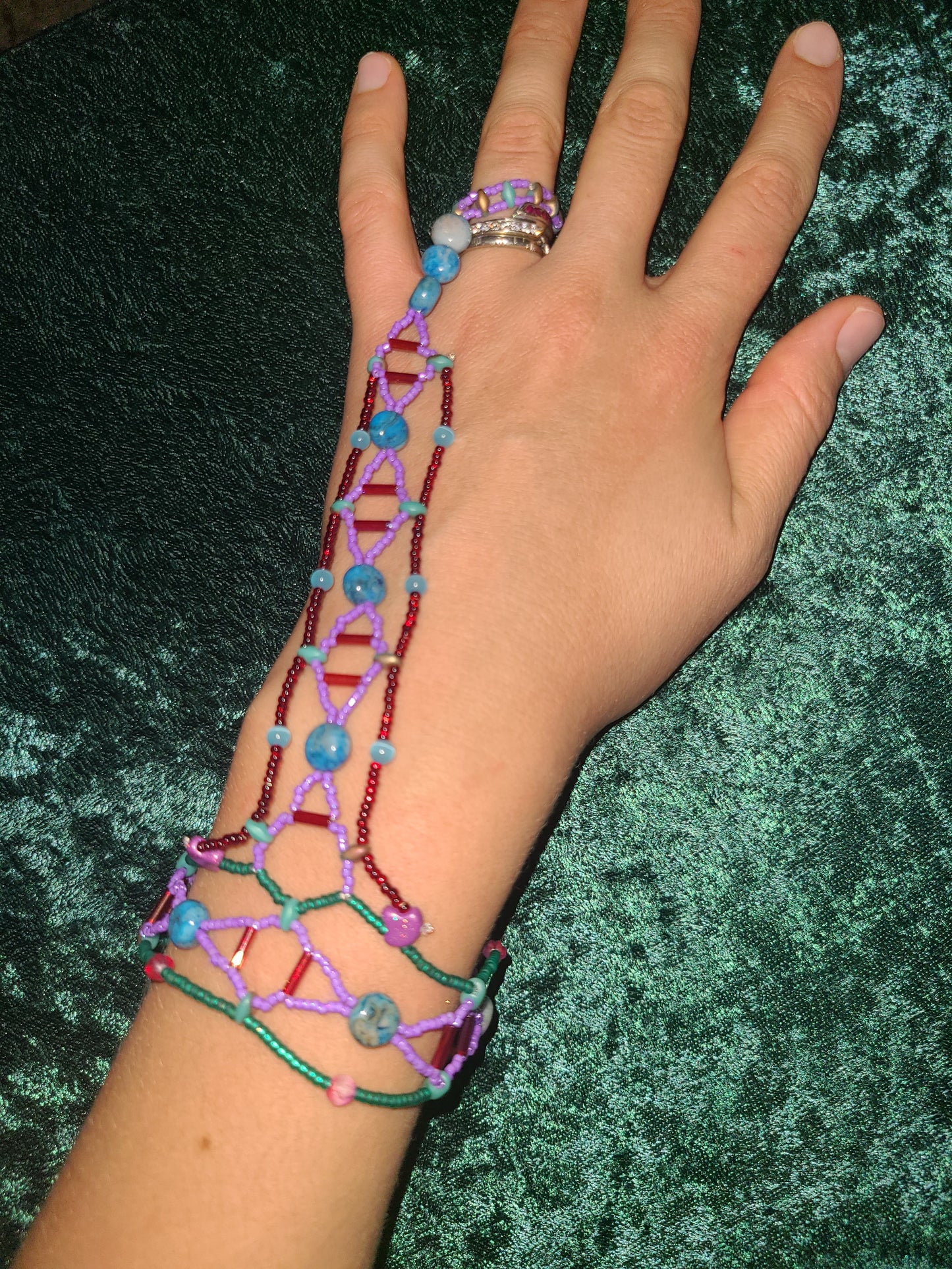 Teal Crazy Lace Agate Honeycomb Helix Hand Chain