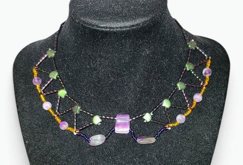 Amethyst rectangular center stone necklace with green ginkgo glass beads and gold seed bead strand, handmade by Tsuga Beadwork