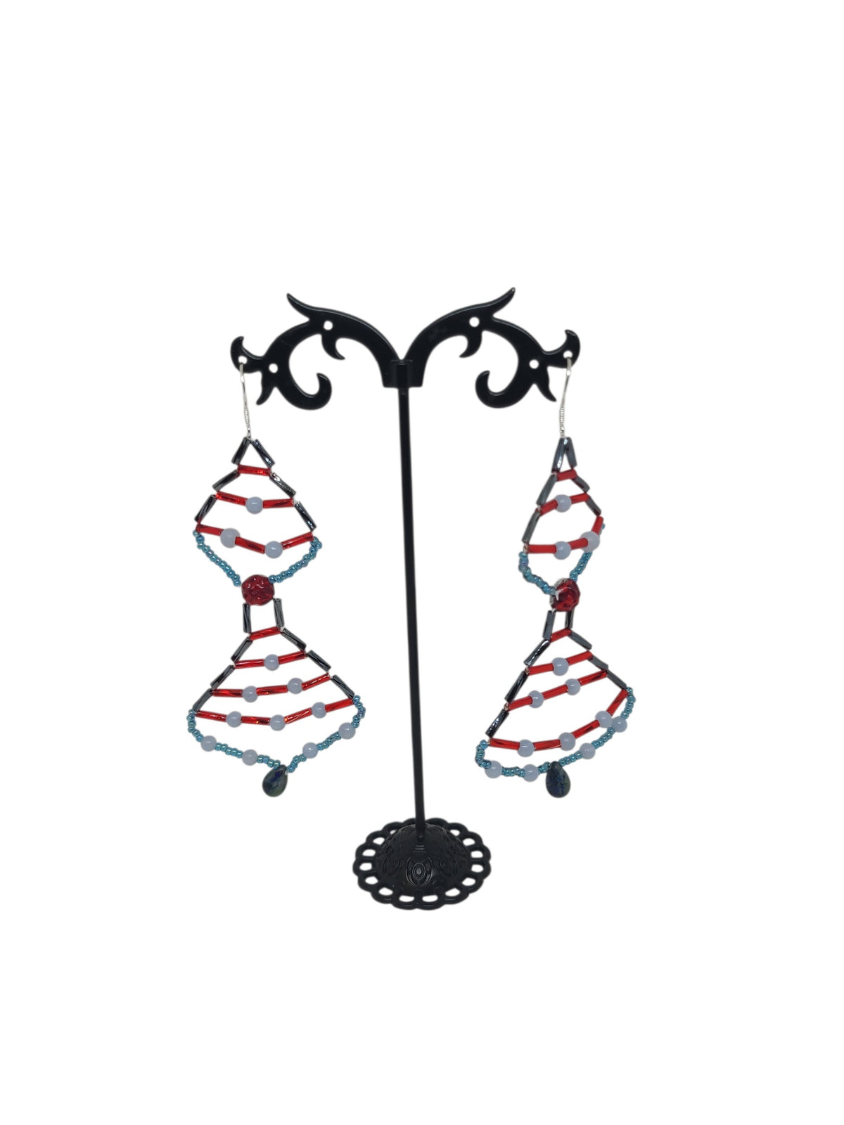 Angelite double navette beaded drop earrings, gray and red tube bead frames with teal iridescent seed bead edges, front view