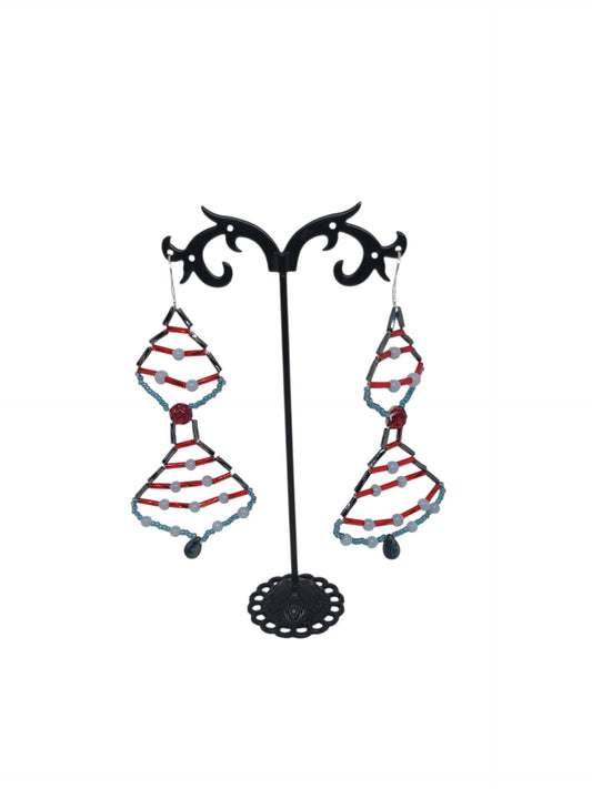 Angelite double navette beaded drop earrings, gray and red tube bead frames with teal iridescent seed bead edges, front view