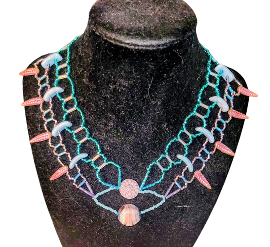 Aqua and Lilac Glass Bead Burnished Collar Necklace