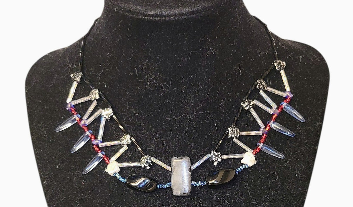 Black labradorite rectangular stone necklace with clear iridescent glass framework and red accent strand, handmade beaded jewelry by Tsuga Beadwork