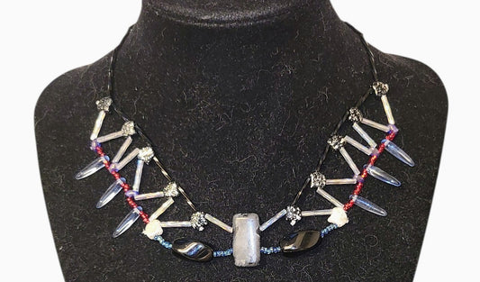Black labradorite rectangular stone necklace with clear iridescent glass framework and red accent strand, handmade beaded jewelry by Tsuga Beadwork