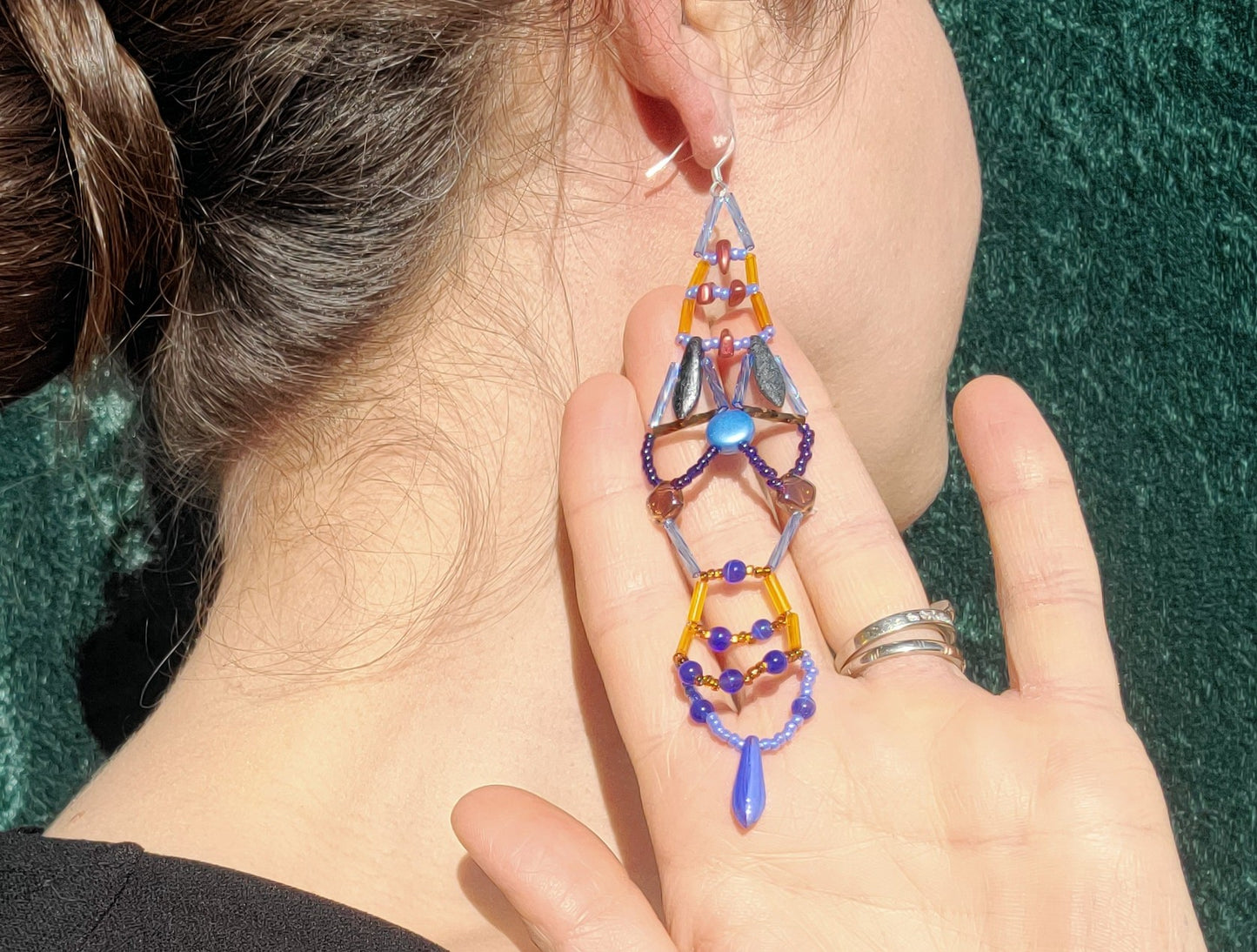 Blue and Orange Sunburst Chandelier Earrings