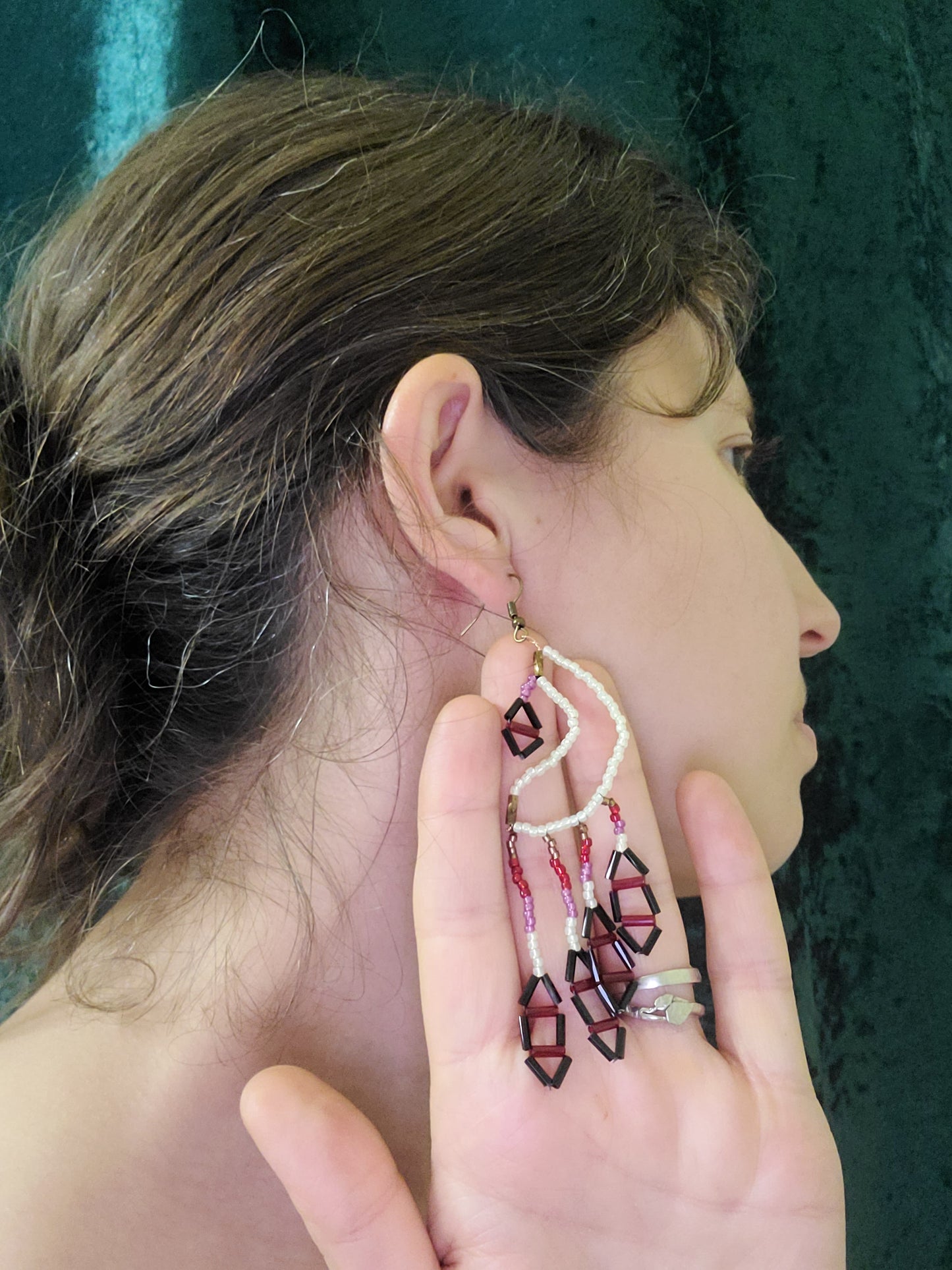 Maroon and cream celestial crescent earrings