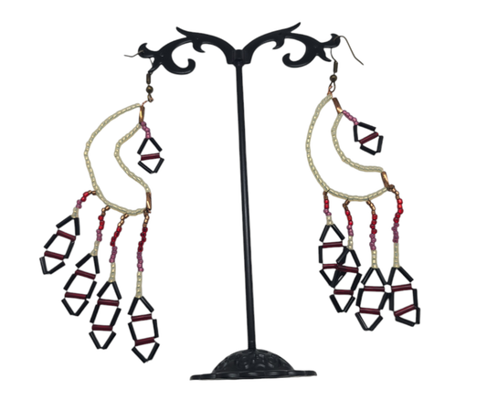 Maroon and cream celestial crescent earrings