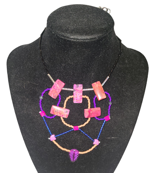 Fuchsia crazy lace agate mosaic statement necklace