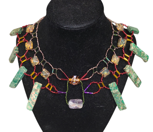 Green Jasper Jewel Tone Burnished Collar Necklace