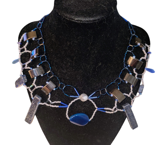 Hematite and Lapis Burnished Collar Necklace