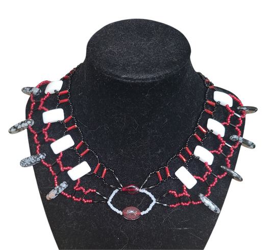 Red and Black Snowflake Obsidian Burnished Collar Necklace