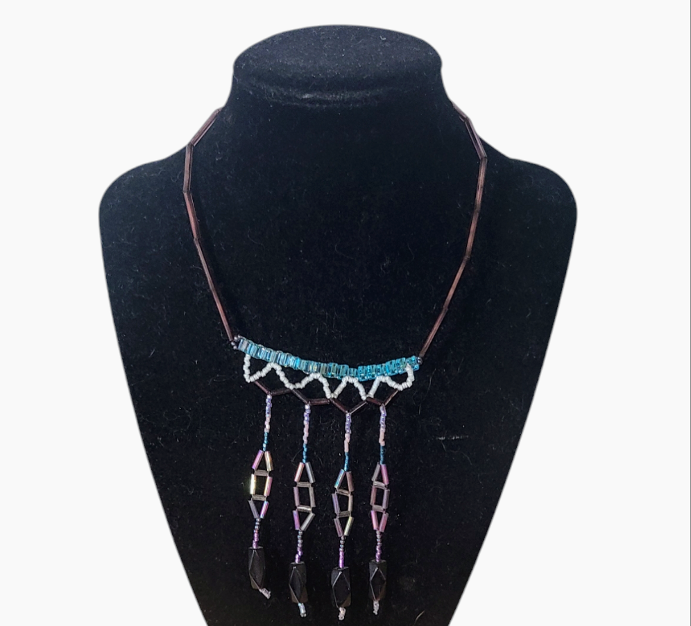 Purple and teal chandelier fringe necklace