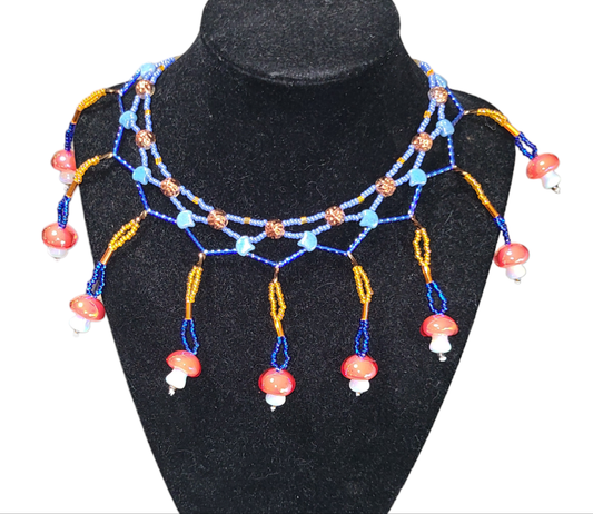 Sunset Mushroom Beaded Cascade Necklace