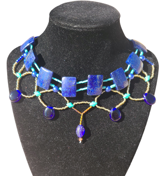 Lapis lazuli statement necklace with cobalt blue glass beads