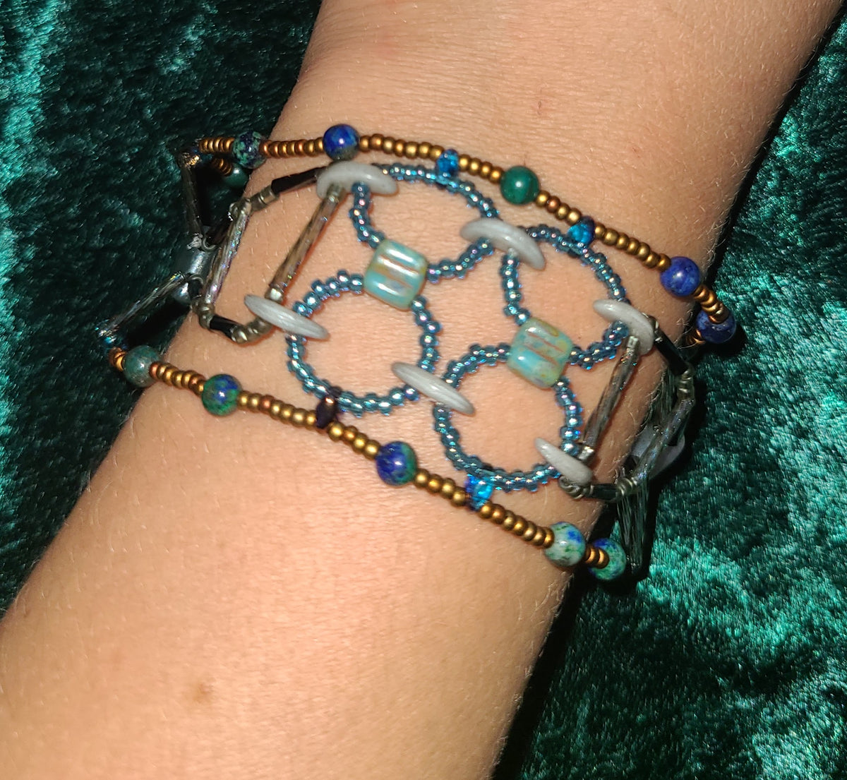 Moss Agate and Chrysocolla Entrelac Bracelet