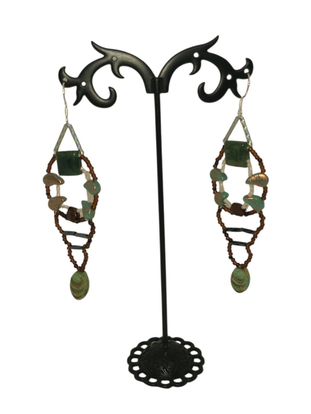 Moss agate beaded girandole earrings in amber gold and forest green diamond spindle form with leaf drop, front view