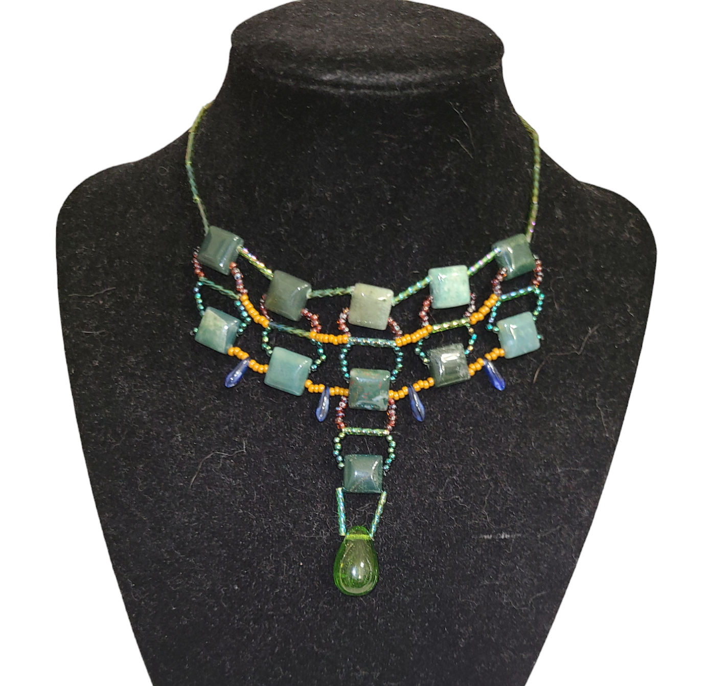 Moss agate statement necklace with glass teardrop