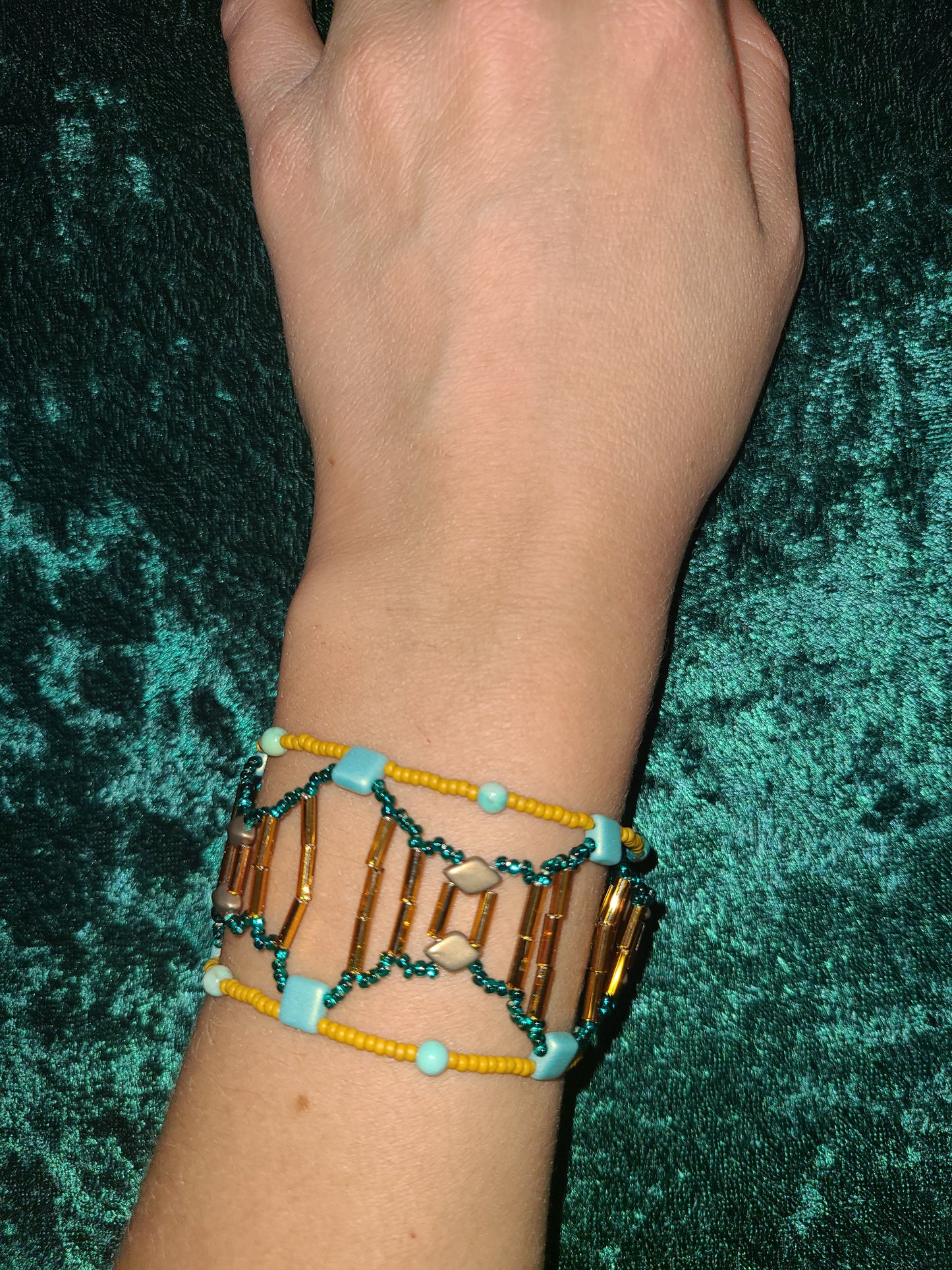 Teal and Gold Peruvian Turquoise Skeletal Spiral Bracelet