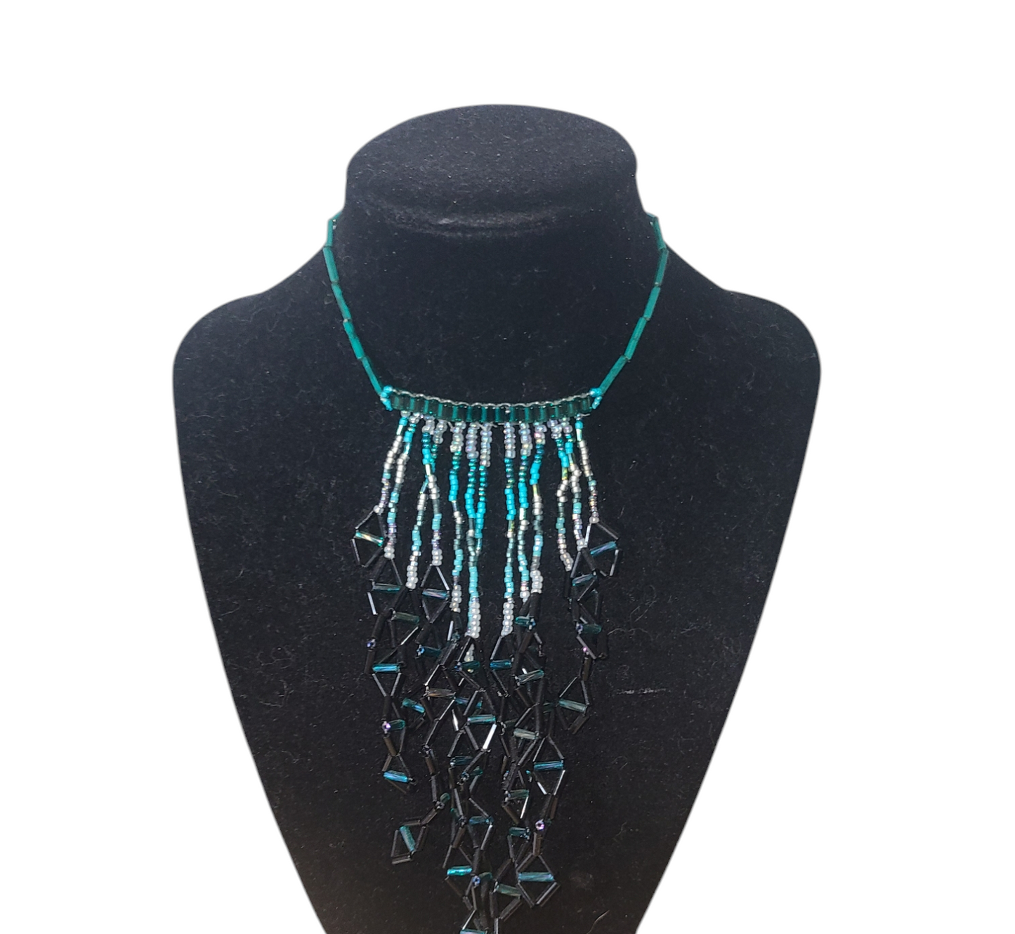 Aqua and Black Triangle Waterfall Necklace