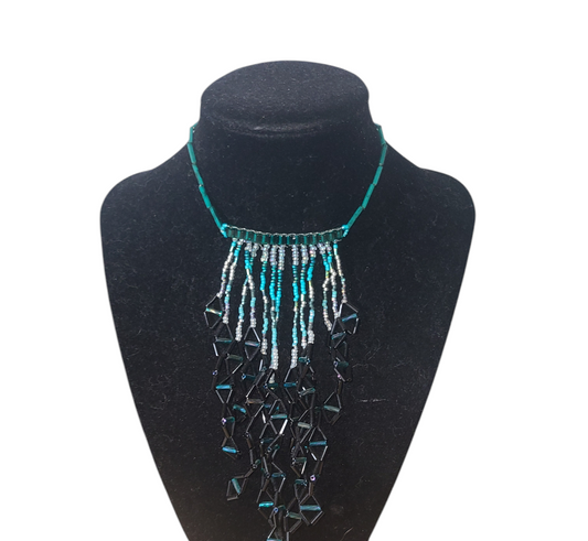 Aqua and Black Triangle Waterfall Necklace