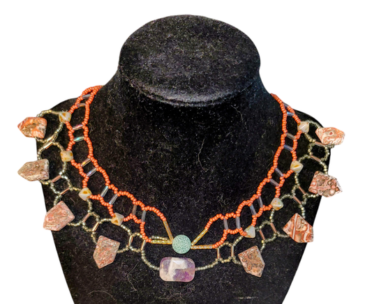 Picture jasper and amethyst collar necklace in muted tones