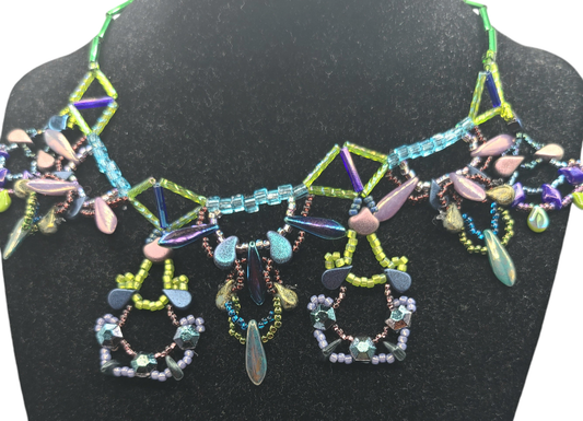 Purple, green and teal beaded necklace