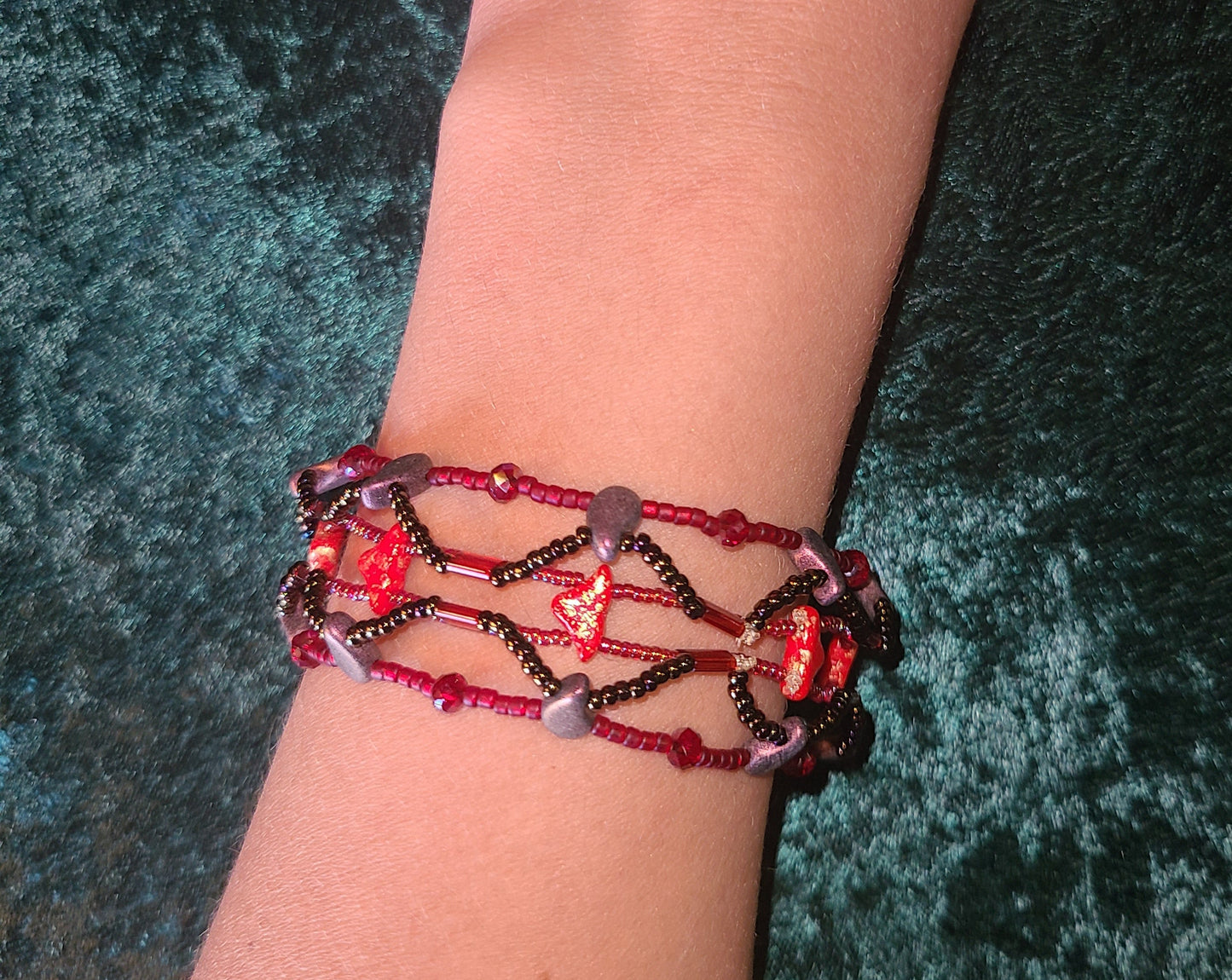 Red and Plum Boho Mosaic Bracelet