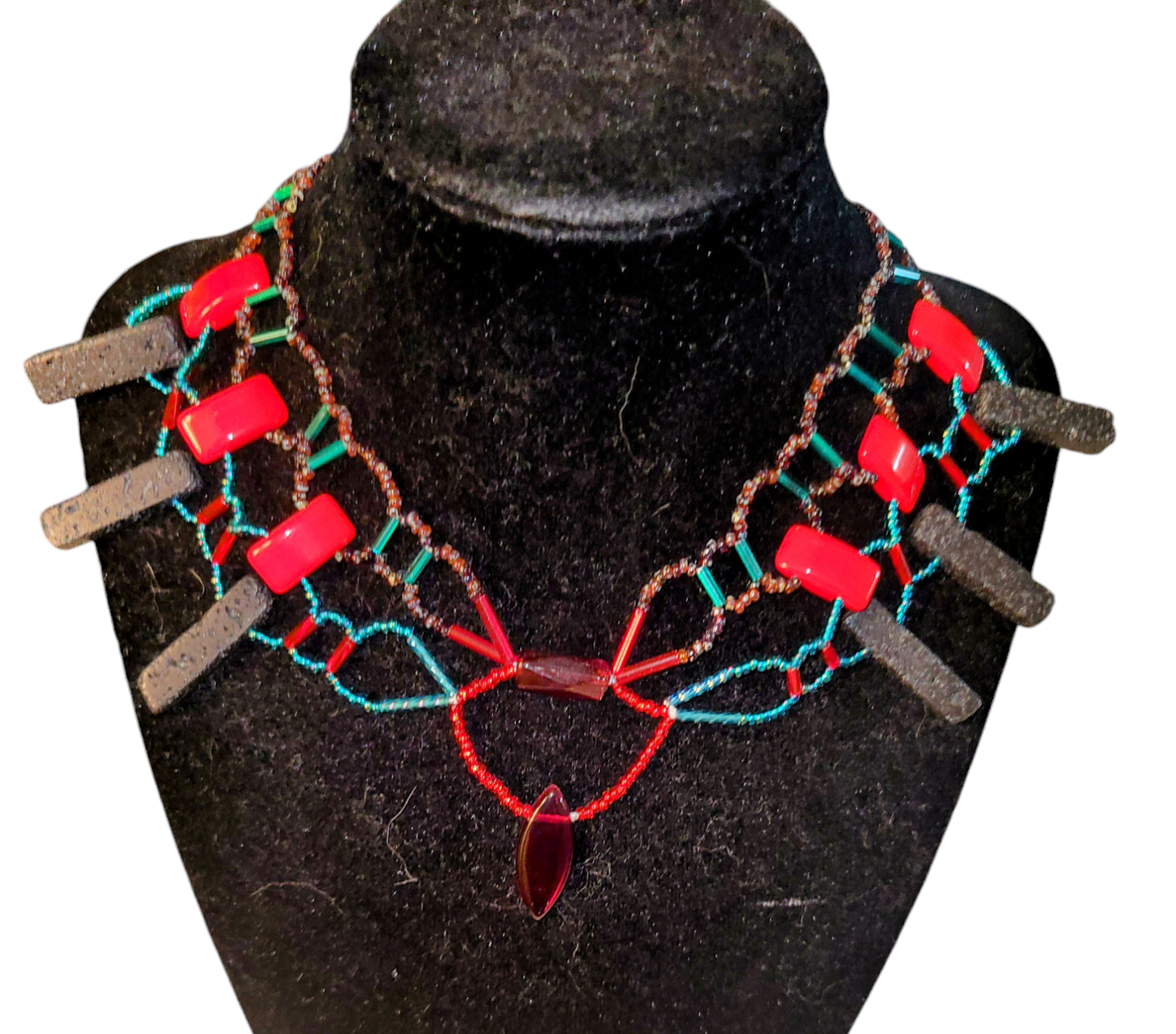 Bold red, teal and lava collar necklace