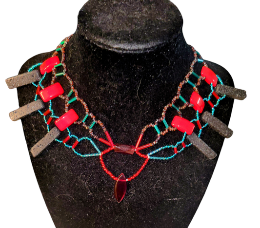Bold red, teal and lava collar necklace