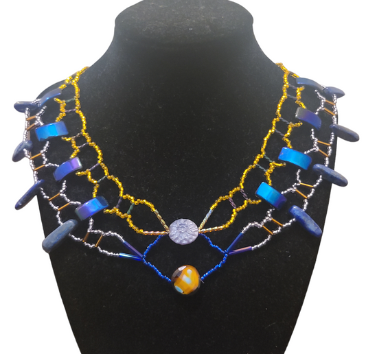 Royal blue and gold collar necklace with lapis