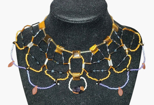 Geometric tiger eye beaded statement necklace with gunmetal framework and goldstone focal drop, Tsuga Beadwork