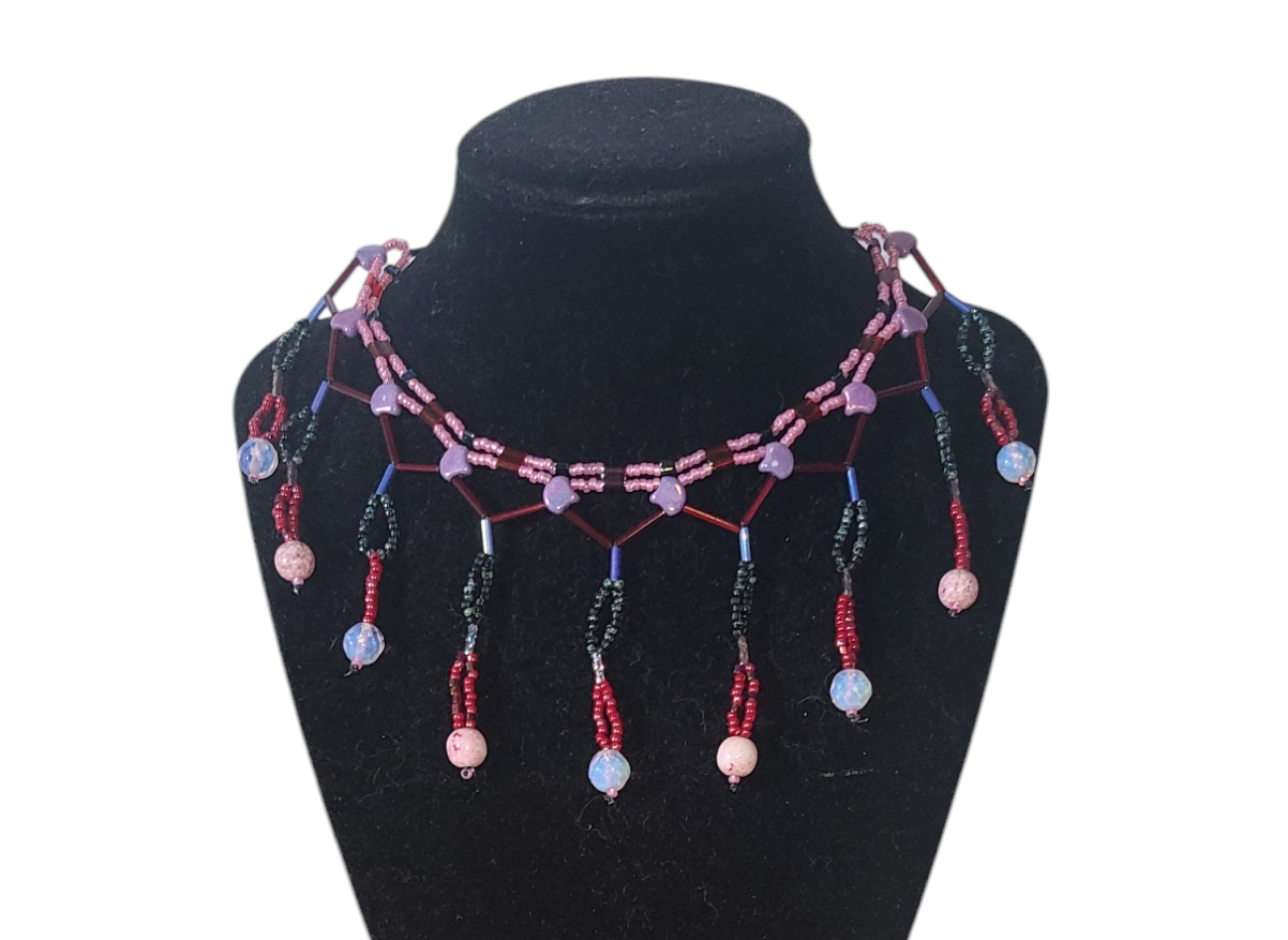 Pink Ginkgo Beaded Cascade Necklace