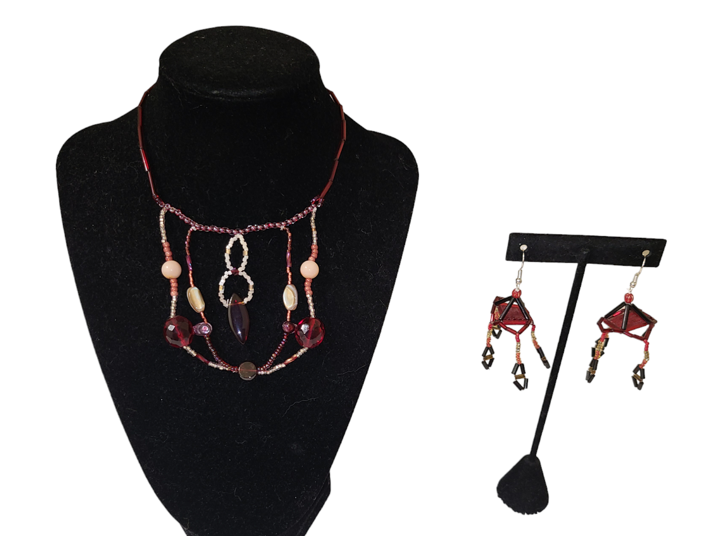 Maroon and white focal necklace and Pagoda earrings