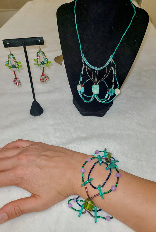 Teal focal bead necklace, drop earrings and bracelet