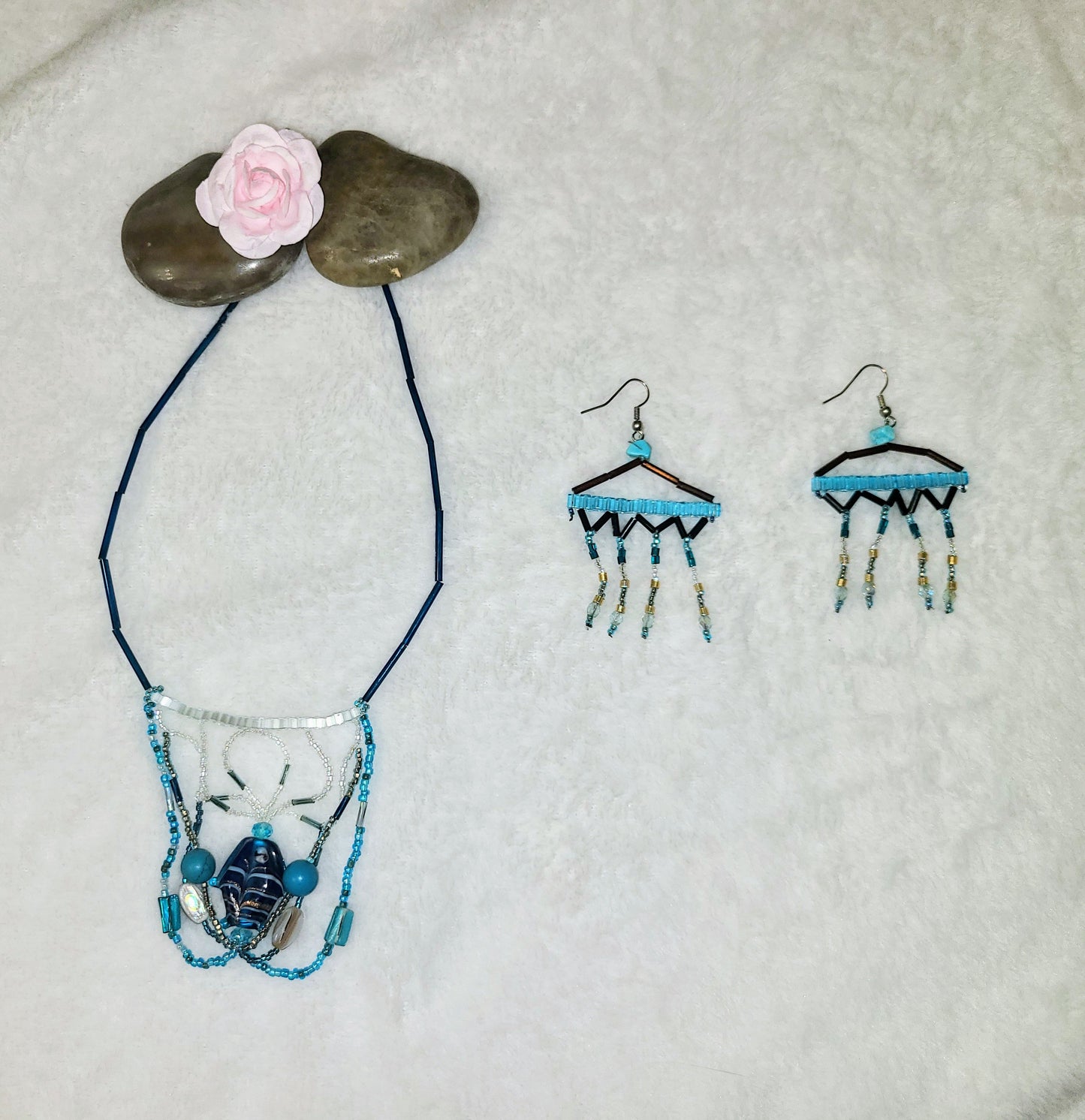 Teal fish focal necklace and chandelier earrings